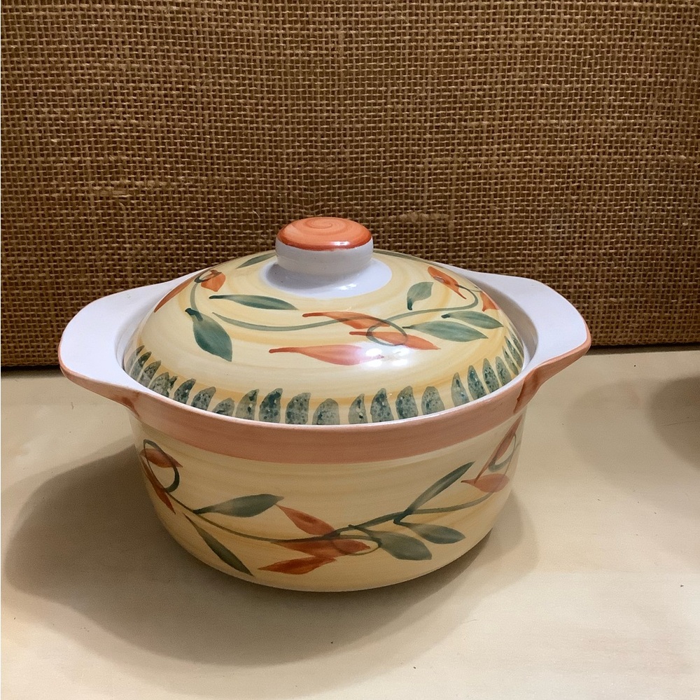 Vintage WLC orange and green lidded casserole Ceramic dish 16 Oz.